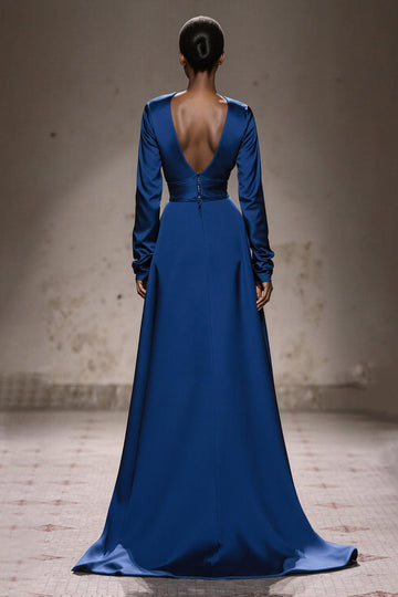 A-Line Velvet Royal Blue Long Military Ball Dresses with Sleeves